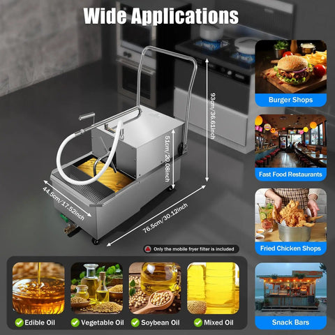 Commercial Kitchen Deep Fryer Oil Filter Pump With Quiet High Flow Motor, shown in stainless steel, for safe oil straining in busy restaurants.