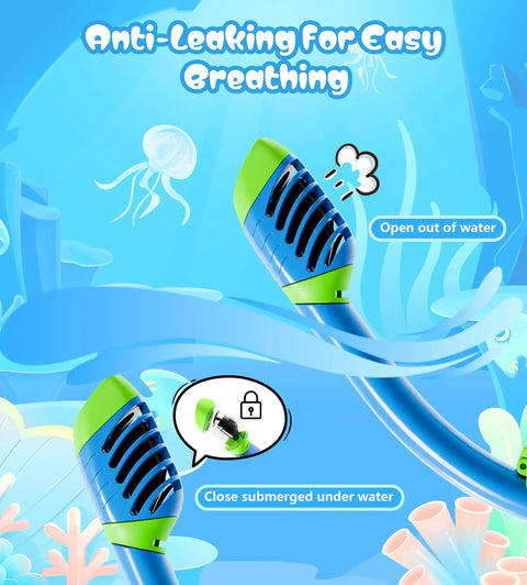 Panoramic Snorkel Mask With Top Dry Valve For Adults Kids And Teens Anti Fog Anti Leak Wide View PC Lens close-up shows dry valve functionality.