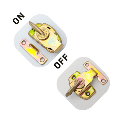 Heavy Duty Metal Table Locks Built Tough Align N Lock Furniture Connectors With Included Mounting Screws Premium Gold Finish showing ON and OFF positions.