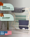 Badass Professional Grade Solid Maple Clothes Drying Rack Heavy Duty Collapsible Air Dryer in use with clothes drying.
