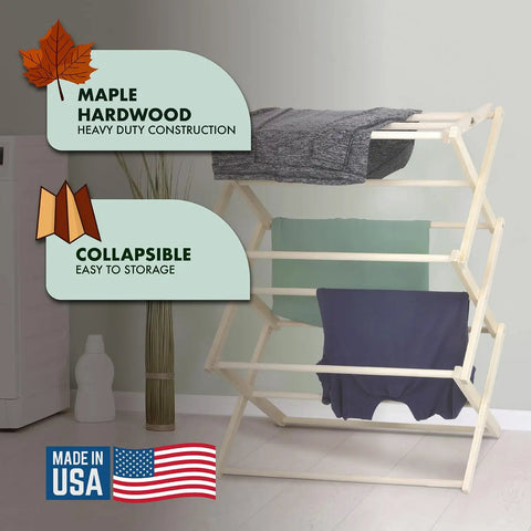 Badass Professional Grade Solid Maple Clothes Drying Rack Heavy Duty Collapsible Air Dryer in use with clothes drying.