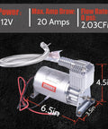 Built Tough 150 PSI Air Compressor With 1.6 Gallon Aluminum Tank 12V Onboard Kit For Truck Train Auto Air Lift And Air Horn Setup Straight Plug And Play To Keep Your Rig Pumping Smooth shown with detailed dimensions and specifications