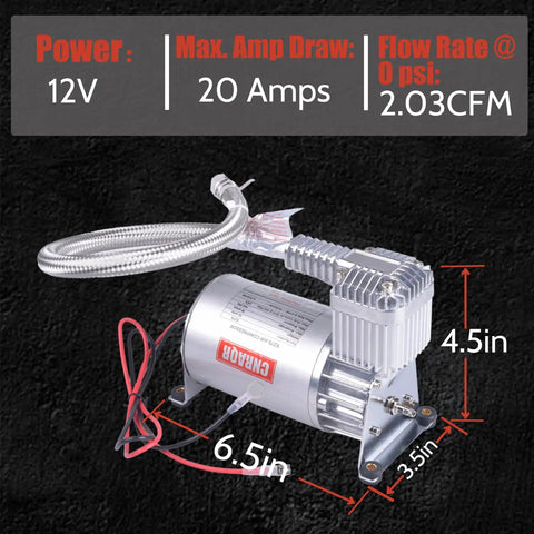 Built Tough 150 PSI Air Compressor With 1.6 Gallon Aluminum Tank 12V Onboard Kit For Truck Train Auto Air Lift And Air Horn Setup Straight Plug And Play To Keep Your Rig Pumping Smooth shown with detailed dimensions and specifications