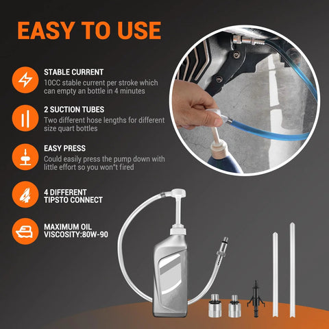 Front view of LOZAGU lower unit gear oil pump for standard quart bottles; gray plastic pump with clear hose and multiple adapters