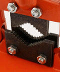 Close-up of hardened steel jaws of the Workhorse Heavy Duty Pipe Vise for 0.4 to 2.4 inch tubing with locking mechanism.