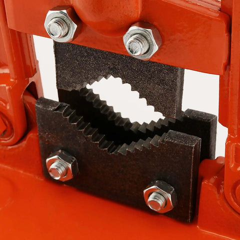 Close-up of hardened steel jaws of the Workhorse Heavy Duty Pipe Vise for 0.4 to 2.4 inch tubing with locking mechanism.