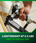 Using the Narrow Crown Finish Stapler For Finishing And Cabinetry, 18 Gauge Pneumatic Nail Gun on wood, ergonomic grip shown.