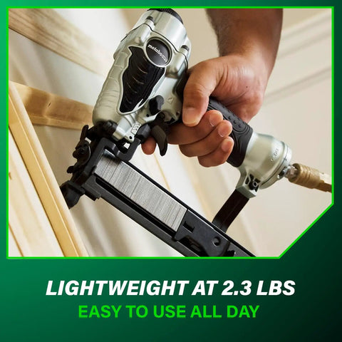 Using the Narrow Crown Finish Stapler For Finishing And Cabinetry, 18 Gauge Pneumatic Nail Gun on wood, ergonomic grip shown.