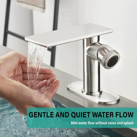 Brushed Nickel Vessel Sink Faucet With Single Hole Easy Install Hot And Cold Basin Mixer Single Handle Vanity Faucet With Deck Plate Cool Modern Waterfall Design For Bathroom Sink Durable Metal Construction showing gentle water flow
