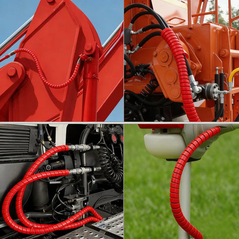 Heavy Duty Spiral Hose Wrap Protector Cover For Hydraulic Lines Half Inch Hdpe Cable Guard Sleeve Oil Heat Uv Abrasion Resistant Shield in use on machinery.