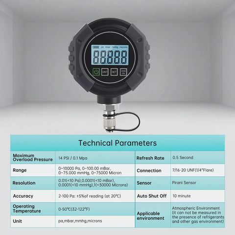 Dope Digital Vacuum Gauge For HVAC Evacuation Zero To Seventy Five Thousand Microns Range One Quarter Inch SAE Connection Pro Grade Digital Pressure Tester Meter With Three Way Connection And Extended Rod Portable High Accuracy Tool, front view