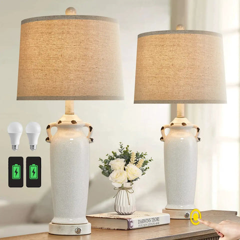 25.75 Inch Farmhouse Ceramic Table Lamps Set Of 2 With 3 Way Dimmable Touch Control Modern Vintage Rustic Nightstand Bedside Lamps USB Power Ready Includes 2 Bulbs Perfect For Bedroom Or Living Room Homey Farmhouse Vibe