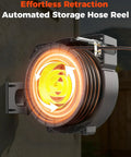 Beefed Up Heavy Duty Wall Mount Retractable Garden Hose Reel with ninety foot reach mounted on wall showing automated retraction mechanism.