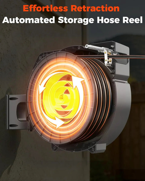 Beefed Up Heavy Duty Wall Mount Retractable Garden Hose Reel with ninety foot reach mounted on wall showing automated retraction mechanism.