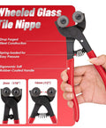 Glass tile nippers with red rubber-coated handles and wheeled cutting head; includes two replacement blades and Allen wrench
