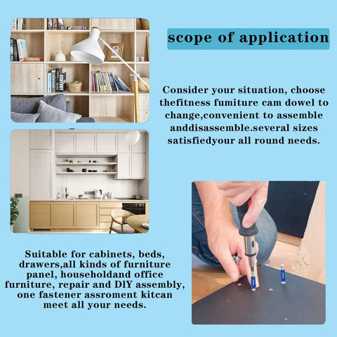 Top Shelf Cam Lock Hardware Kit With 124 Pieces For Cabinet And Drawer Installation, showing furniture assembly and application.
