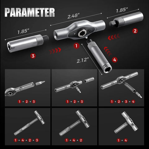 Diagram showing dimensions and configurations of the Hardcore 24 In 1 Magnetic Screwdriver Set And Portable Ratchet Kit.