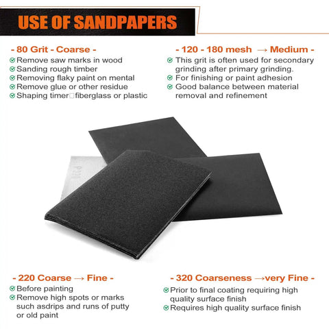 Assorted 1/4 Sheet Sandpaper Set With 80 120 180 240 320 Grits usage guide for palm sanders and various materials