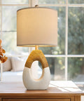 Small Boho Table Lamps Set Of 2 For Bedroom And Living Room, egg shape, resin base, cotton linen shade, rustic nightstand lamp