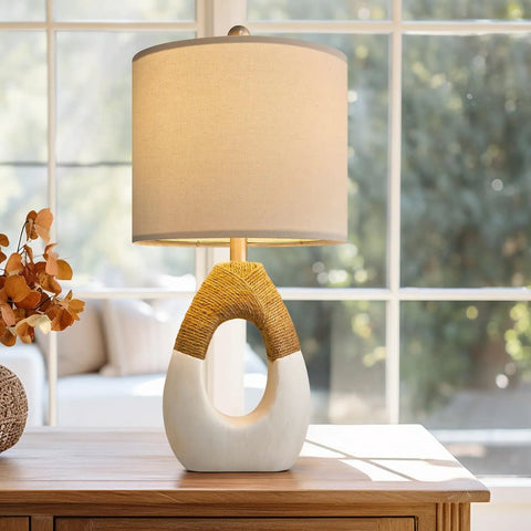 Small Boho Table Lamps Set Of 2 For Bedroom And Living Room, egg shape, resin base, cotton linen shade, rustic nightstand lamp