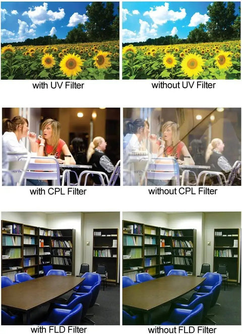 Image comparison with and without 52mm Lens Filter Kit Bundle Pro With UV CPL FLD Filters And Travel Case effects on photos.