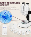Dual LED Kids Microscope Science Kit With 52 Plus Pieces Including Mineral And Insect Specimens Prepared Slides And DIY Blank Slides Totally Great For Curious 8 To 12 Year Old Scientists, microscope and slides