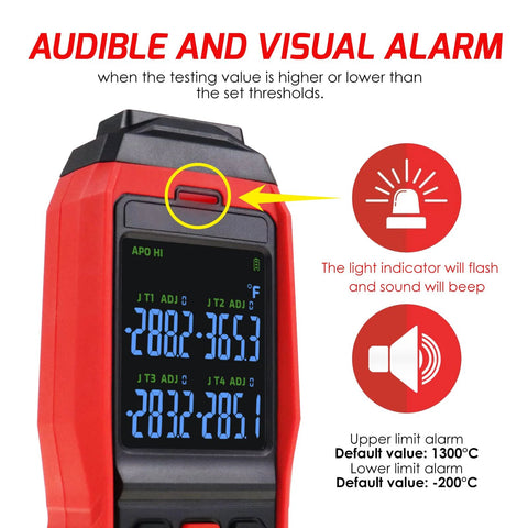 Four-channel digital K-type thermocouple thermometer data logger, red handheld device with blue backlit display.