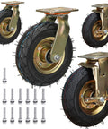 Heavy Duty Pneumatic Casters With Hella Smooth Rubber Wheels And Swivel Lock Brakes Built Like A Tank For Industrial Toolboxes Featuring Double Ball Bearings Quick Install showing four casters with black rubber wheels.