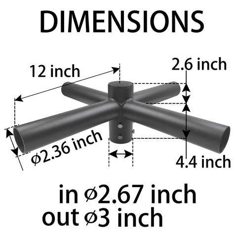 Quad 90 Degree Horizontal Tenon Adapter With Quad Spoke Bracket for 2.5 Inch Round Pole with dimensions shown