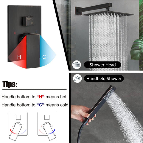 Wall Mount Shower System With Square Rain Shower Head And Hand Sprayer Rough In Valve And Trim Kit Included 12 Inch Oil Rubbed Bronze Finish Modern Space Saving Shower Faucet Set For An Easy Install And Bathroom Upgrade system displayed with rainfall head and hand spray