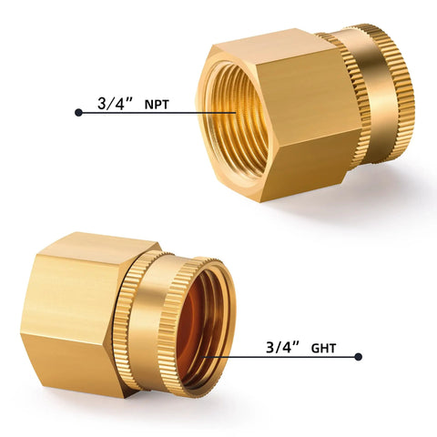 Brass Garden Hose Adapter 3/4 GHT Female To 3/4 NPT Female Swivel Connector For Hose To Pipe Fittings Three Pack Heavy Duty Brass Fittings With Leak Free Swivel Design No Fuss Fits Most Hoses And Systems 3/4 NPT and 3/4 GHT ends