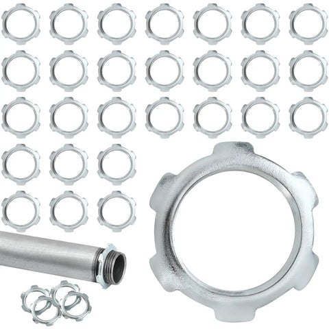 Bulk 50 Pack Galvanized Steel Rigid Conduit Lock Nuts For IMC And Electrical Conduit Fittings Three Quarters Inch Sealing Nut Kits displayed