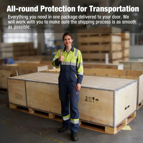 Warehouse worker in safety gear giving thumbs up beside large wooden shipping crate on pallet