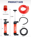 SMART JERRY fluid transfer pump with red handheld unit and three hoses: 52 in red, 15.5 in black, 49 in black for automotive liquids.