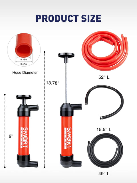 SMART JERRY fluid transfer pump with red handheld unit and three hoses: 52 in red, 15.5 in black, 49 in black for automotive liquids.