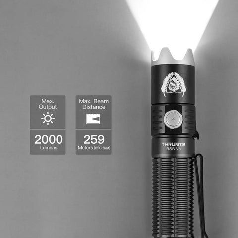 Close-up of Grab-And-Go Pocket Size USB Rechargeable LED Flashlight with Turbo Mode, max 2000 lumens, anti-slip knurl, black.