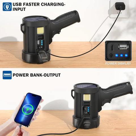 Beast Bright 2,000,000 Lumens Rechargeable Spotlight with Solar USB charging and power bank functionality on a table.