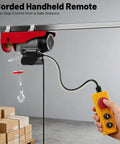 Corded handheld remote for 110 Volt Electric Hoist 220lbs Capacity With Remote Control And Wired Operation, used for precise lifting.