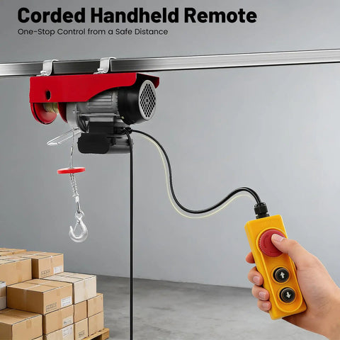 Corded handheld remote for 110 Volt Electric Hoist 220lbs Capacity With Remote Control And Wired Operation, used for precise lifting.