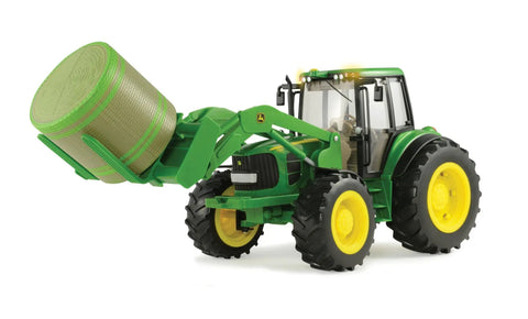 Big Farm 7330 Tractor With Front Bale Mover And Bale Realistic Lights And Sounds Durable Indoor Outdoor Toy Vehicle For Farm Play Adjustable Forks Cab Access For Steering