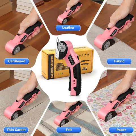 4.2V Cordless Electric Box Cutter And Scissors High Powered Battery Powered Rotary Blade Cutting Tool in use on cardboard and fabric.