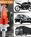 4 Pack Dope Spike License Plate Screws Anti Theft Fasteners Kit Universal Fit For Cars Trucks And Motorcycles Orange Stainless Steel And Aluminum Alloy For Enhanced Style And Durability Easy To Install image showing orange spiked screw and vehicle types