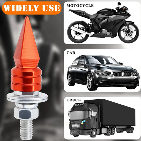 4 Pack Dope Spike License Plate Screws Anti Theft Fasteners Kit Universal Fit For Cars Trucks And Motorcycles Orange Stainless Steel And Aluminum Alloy For Enhanced Style And Durability Easy To Install image showing orange spiked screw and vehicle types