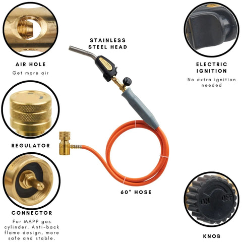 Double Valve Self Ignition Torch For MAPP And Propane Soldering With 60 Inch Hose and Stainless Steel Head Features