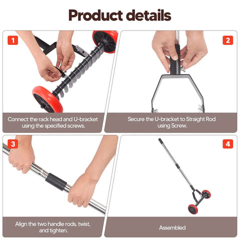 Labor Saving No Fuss Lawn Dethatcher With Wheels Roller Rake assembly steps showing connections of handle and frame parts.