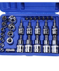 Heavy Duty 29 Piece Torx Socket Bit Set With Star Screwdriver Heads Plus Metric Sockets For Tough Rusted Bolts And Stuck Nuts Easy Grip Professional Grade Tool Kit Case Included, blue case open