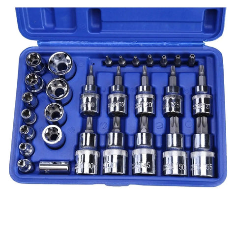 Heavy Duty 29 Piece Torx Socket Bit Set With Star Screwdriver Heads Plus Metric Sockets For Tough Rusted Bolts And Stuck Nuts Easy Grip Professional Grade Tool Kit Case Included, blue case open