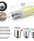 Two Pack E17 Refrigerator Light Bulbs 3.8W, 100-265V, size comparison with E26 and E12 bases, daylight white 5000K