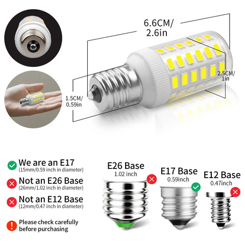 Two Pack E17 Refrigerator Light Bulbs 3.8W, 100-265V, size comparison with E26 and E12 bases, daylight white 5000K