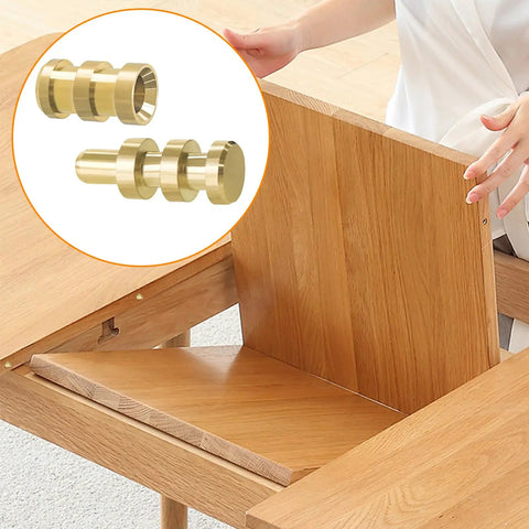 Premium Brass Table Leaf Dowel Pins And Extension Table Connectors in use for solid wood furniture alignment and tabletop support.